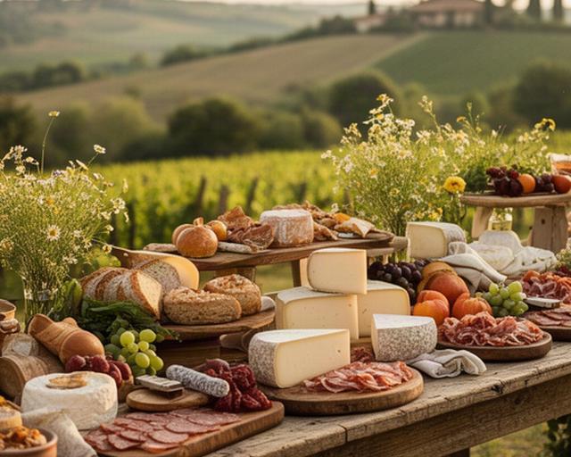 Buffet rustico per matrimonio in campagna veronese con taglieri di formaggi e fiori di campo