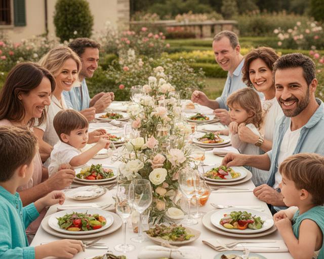 Tavolata familiare all'aperto a Verona con piatti colorati, fiori chiari e bambini seduti a pranzo