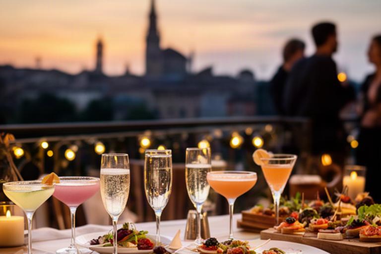 Cocktail party al tramonto su una terrazza privata con luci calde a Verona