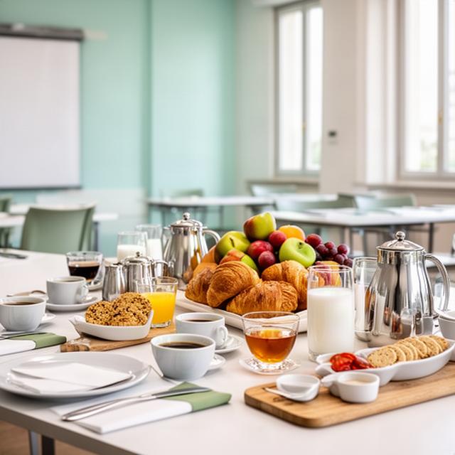Tavola apparecchiata in una sala formazione a Verona con caffè, tè, brioche e frutta fresca