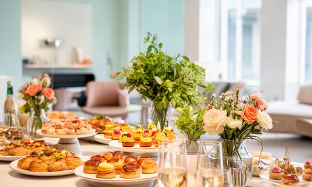 Tavolo imbandito per inaugurazione di showroom a Verona con fiori e piatti finger
