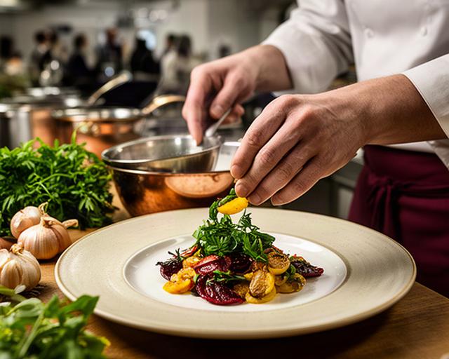 Chef che impiatta una portata italiana con ingredienti veneti durante un evento gastronomico