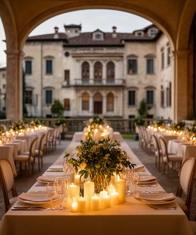 Ricevimento di matrimonio in una villa storica veronese con tavoli classici e candele
